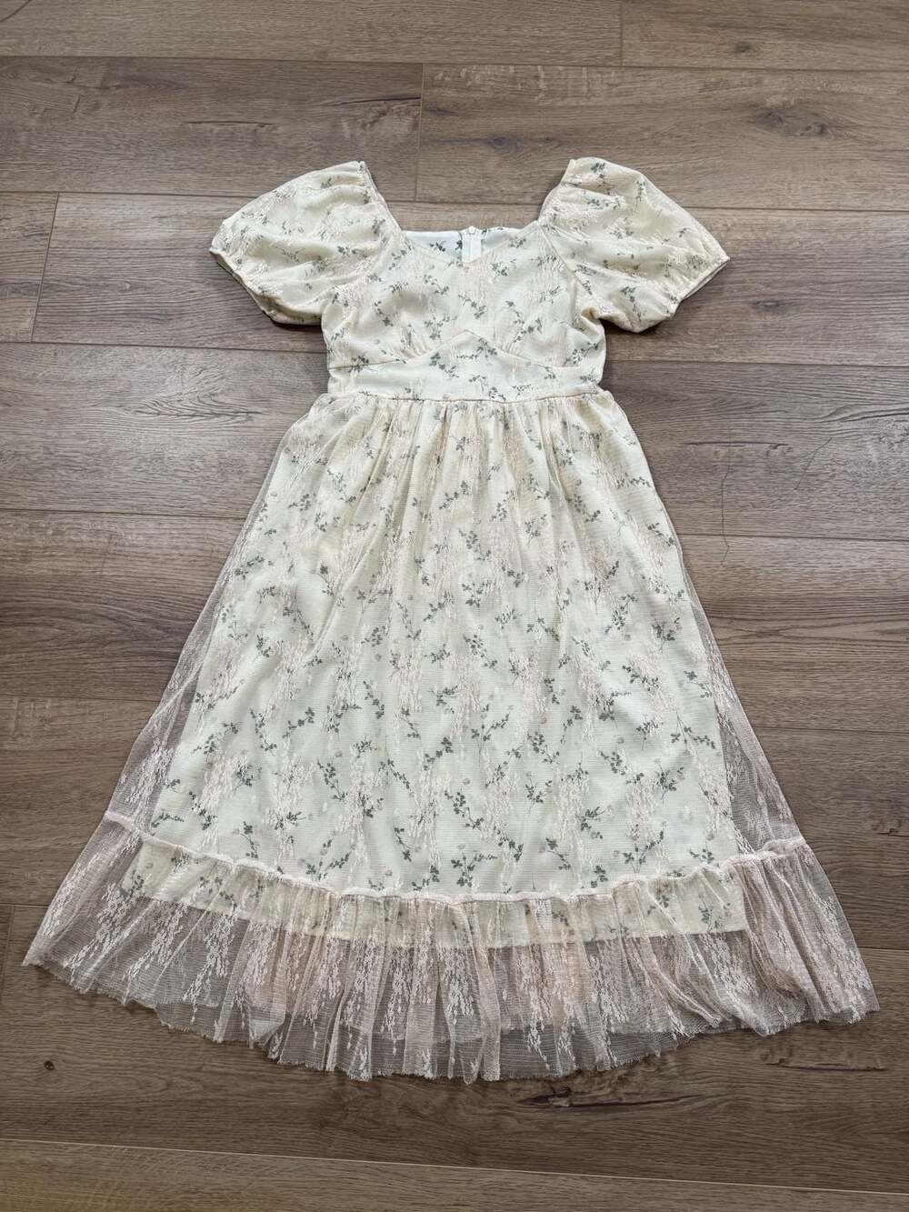 HELLO SS Floral Lace Overlay Puff Sleeve Midi Dress Size M Cottagecore - Picture 2 of 12